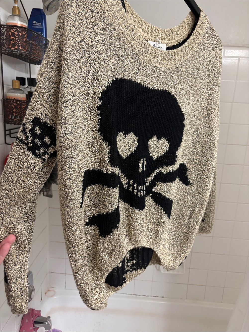 Miracle Black and Cream Skull Intarsia Crew Sweater